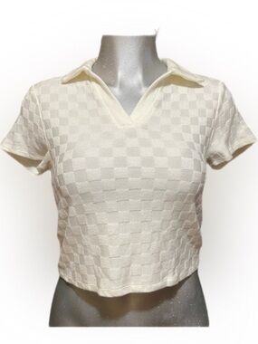 Atalier Checkered Beige Crop Polo Top Baby Tee Small Tenniscore Gingham Preppy